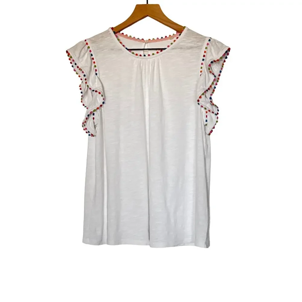 Boden White Pom Trim Ruffle Sleeve Cotton Top Size US 10 - Picture 5 of 9